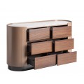 Luxusní designová oválná hnědá komoda Grisham se šesti šuplíky a bílou mramorovou deskou a černou podstavou 140 cm
