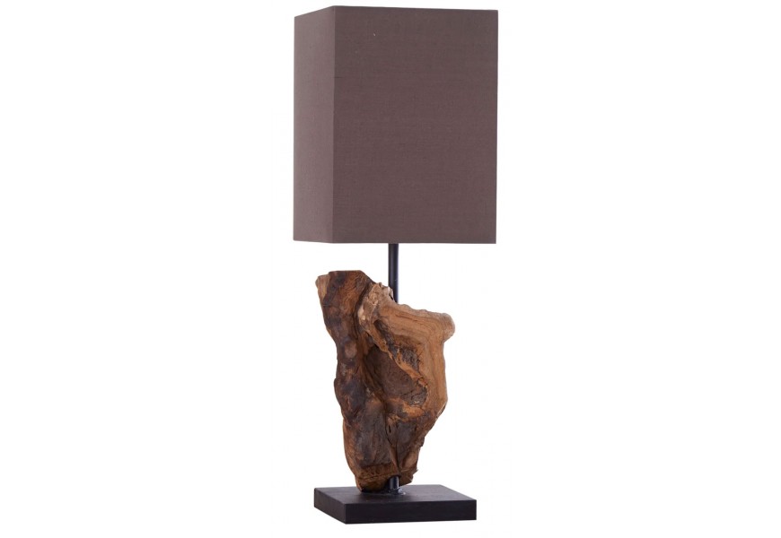 Luxusní stolní lampa s hranatým textilním stínítkem v tmavě hnědé barvě a podstavcem z masivního dřeva na černé základně