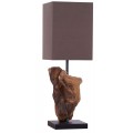Luxusní stolní lampa s hranatým textilním stínítkem v tmavě hnědé barvě a podstavcem z masivního dřeva na černé základně