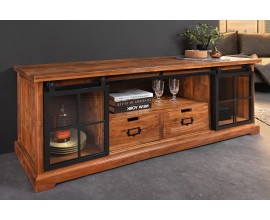Stylová industriální masivní hnědý TV stolek Woodcut se dvěma prosklenými posuvnými kovovými dvířky a dvěma zásuvkami 165 cm
