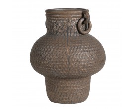 Vintage porcelánová váza Kairo v hnědém provedení s kulatým tvarem se širokým středem texturovaným povrchem a dvěma bočními úchyty s bronzovou barvou a patinou
