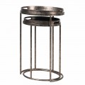 Industriální sada oválných kovových příručních stolků Rust se stříbrnou patinou a zrcadlovou deskou s motivem palem 67 cm