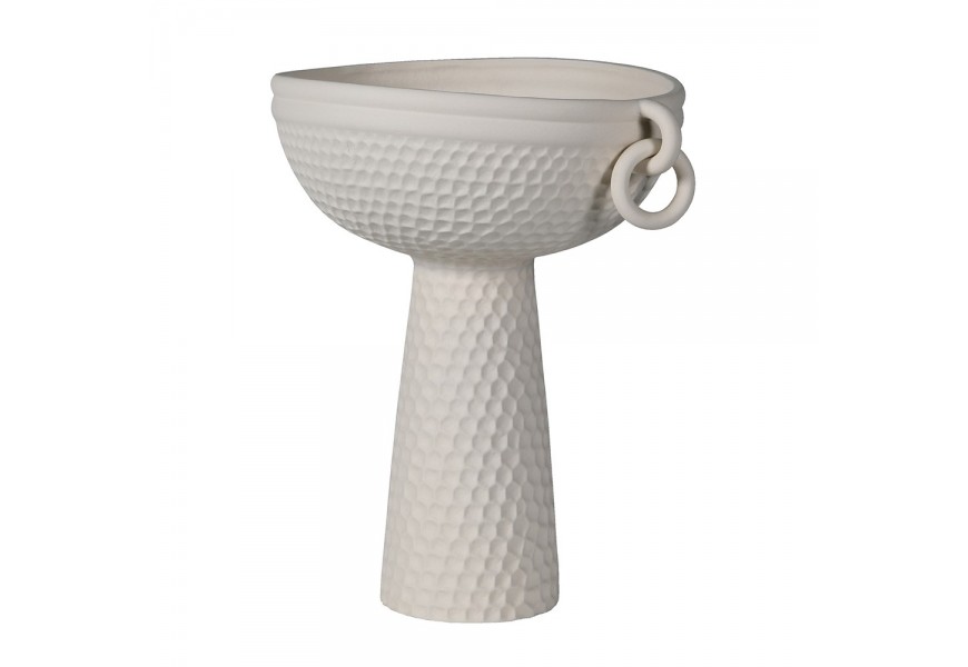 Designová porcelánová bílá váza Ardea ve tvaru mísy na kuželové noze s ručně zdobeným strukturovaným povrchem 42 cm