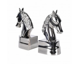 Art deco sada dekorativních kovových zarážek na knihy Equus ve stříbrné chromové úpravě s elegantními koňskými hlavami