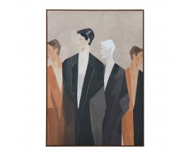 Art deco obdélníkový nástěnný obraz Persona s motivem čtyř postav v černých oranžových a béžových odstínech v hnědém dřevěném rámu