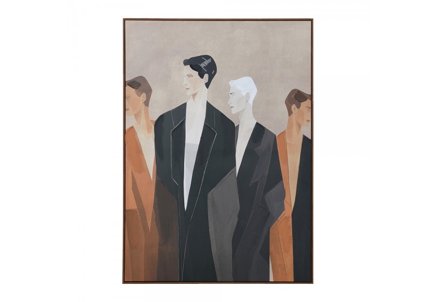 Art deco obdélníkový nástěnný obraz Persona s motivem čtyř postav v černých oranžových a béžových odstínech v hnědém dřevěném rámu