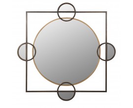 Art deco nástěnné čtvercové zrcadlo Orb s centrálním kruhovým zrcadlem ve zlatém rámu s bronzovým čtvercovým rámem a čtyřmi malými kruhy se zrcadlem