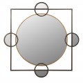 Art deco nástěnné čtvercové zrcadlo Orb s centrálním kruhovým zrcadlem ve zlatém rámu s bronzovým čtvercovým rámem a čtyřmi malými kruhy se zrcadlem