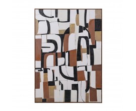 Moderní závěsný obdélníkový závěsný obraz Mural s abstraktními bloky a geometrickými tvary v oranžové černé a bílé barvě v hnědém dřevěném rámu
