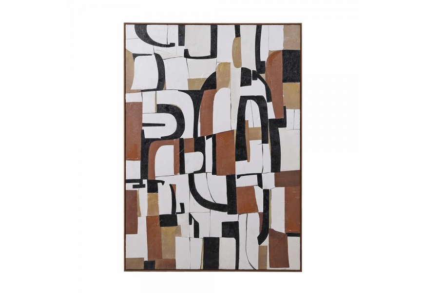 Moderní závěsný obdélníkový závěsný obraz Mural s abstraktními bloky a geometrickými tvary v oranžové černé a bílé barvě v hnědém dřevěném rámu