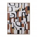 Moderní závěsný obdélníkový závěsný obraz Mural s abstraktními bloky a geometrickými tvary v oranžové černé a bílé barvě v hnědém dřevěném rámu