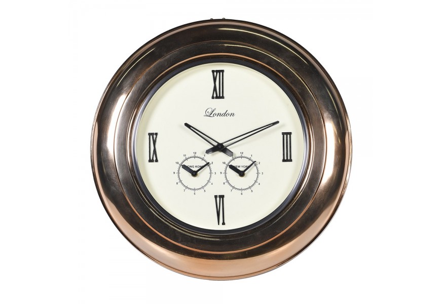 Art deco nástěnné hodiny Globe s bronzovým rámem se třemi ciferníky pro světový čas 53 cm