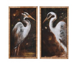 Koloniální set dvou obrazů Heron s volavkami v ratanovém hnědém rámu 90 cm