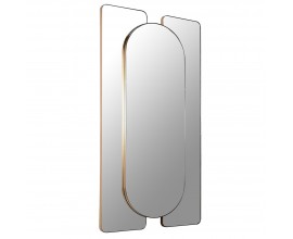 Art deco nástěnné závěsné trojité zrcadlo s tenkým kovovým rámem ve zlaté barvě uprostřed s oválným zrcadlem a dvěma obdélníkovými zrcadly s oblými rohy
