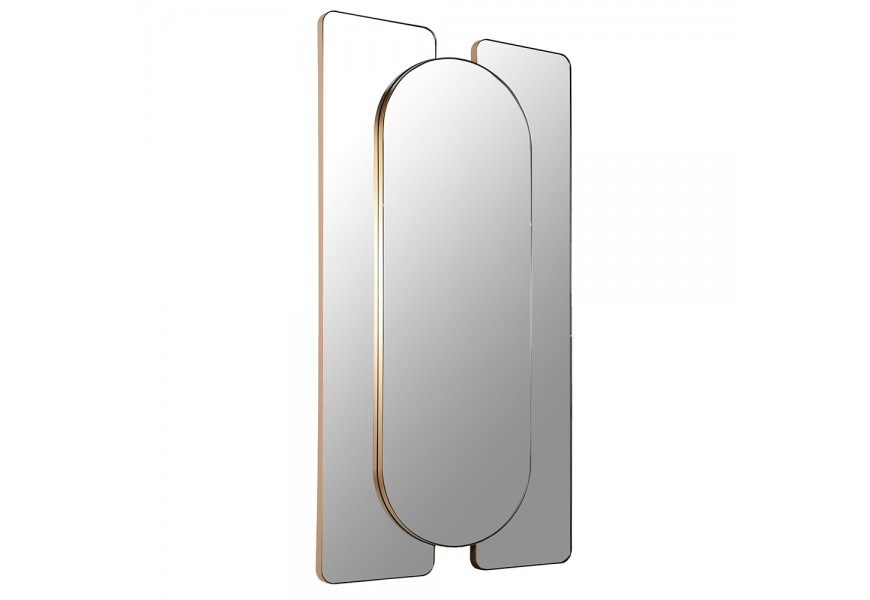 Art deco nástěnné závěsné trojité zrcadlo s tenkým kovovým rámem ve zlaté barvě uprostřed s oválným zrcadlem a dvěma obdélníkovými zrcadly s oblými rohy