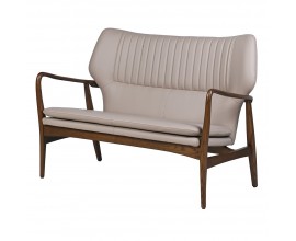 Luxusní retro designová sedačka Vinton pro dvě osoby s masivní jasanovou konstrukcí v hnědé barvě s vysokým lakovaným leskem a béžovým koženým čalouněním s žebrovaným opěradlem