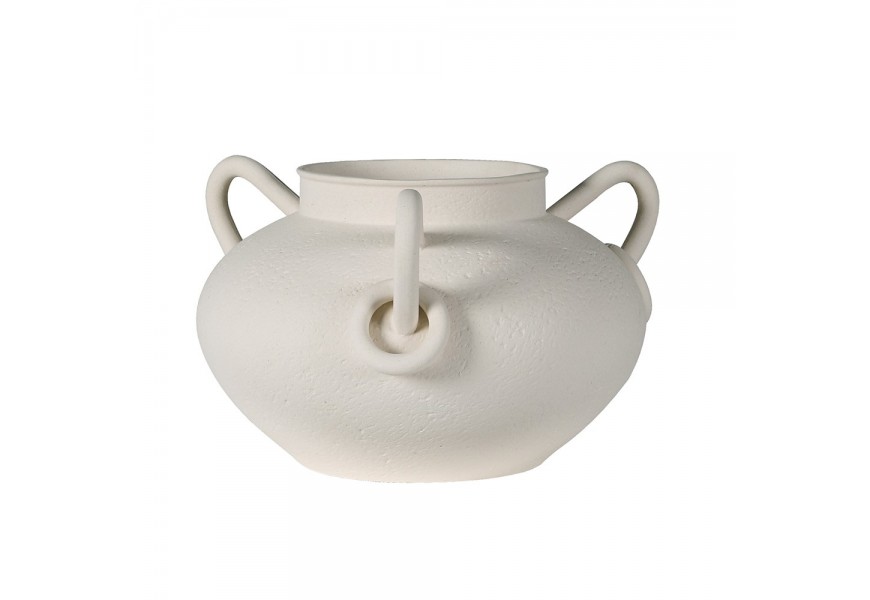 Moderní zakulacená váza z porcelánu Ayla ve slonovinové bílé barvě s jemnou strukturou se třemi zaoblenými oušky se třemi dekorativními prstenci s kulatým hrdlem