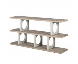 Luxusní designový skandinávsky konzolový stolek Aladar se třemi deskami v naturální světle hnědé barvě dřeva s bílými předěly polic čtvercového tvaru s kruhovými otvory