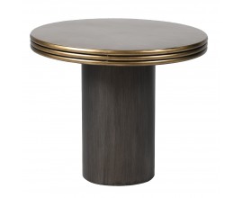 Designový art deco kovový příruční stolek Bhone s kulatou vrchní deskou v tmavě hnědé barvě se zlatou boční hranou s designem tří vrstev s jednou válcovitou nohou v černé barvě s jemnou kresbou letokruhů