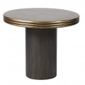 Designový art deco kovový příruční stolek Bhone s kulatou vrchní deskou v tmavě hnědé barvě se zlatou boční hranou s designem tří vrstev s jednou válcovitou nohou v černé barvě s jemnou kresbou letokruhů