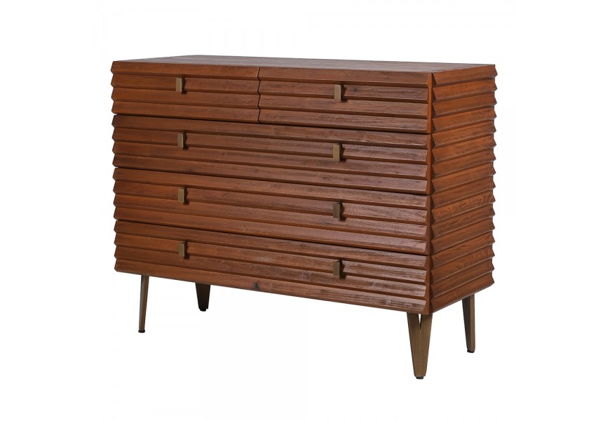 Luxusní retro obdélníková masivní komoda Striatá ze dřeva lamelovým designem v hnědé barvě s pěti zásuvkami 111 cm