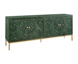 Art deco zelený čtyřdveřový příborník Birdy z mangového dřeva s vyřezávanými motivy pávů a rostlin s tenkými zlatými kovovými nožičkami a malými kulatými úchytkami