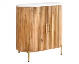 Art deco oválný dvoudveřový mramorový příborník Celestia s bílou deskou a mangovým dřevem na zlatých nožičkách 76 cm