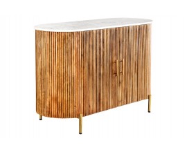Art deco oválný dvoudveřový příborník Celestia s bílou mramorovou deskou a vroubkovaným povrchem na zlatých nožičkách 102 cm
