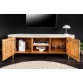 Art deco oválný TV stolek Celestia z mangového dřeva s bílou mramorovou deskou zlatými úchyty a kovovými nožičkami 140 cm