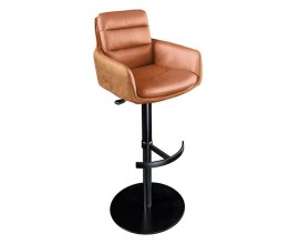 Modern&iacute; otočn&aacute; hněd&aacute; kožen&aacute; barov&aacute; židle Dover se sametov&yacute;m potahem s opěrkami na ruce s v&yacute;&scaron;kově nastavitelnou černou kovovou nohou s opěrkou na nohy ve tvaru kotvy s kulat&yacute;m podstavcem