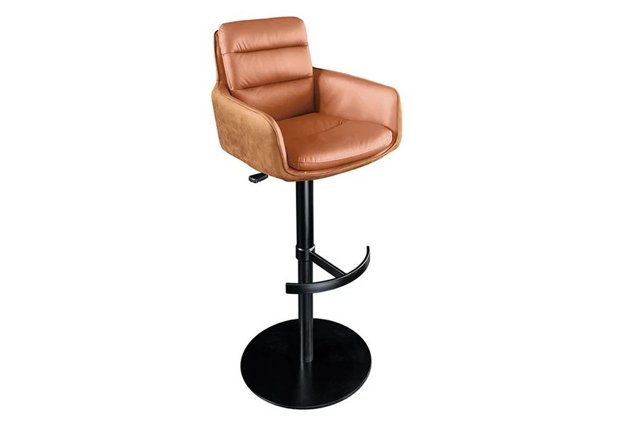 Moderní otočná hnědá kožená barová židle Dover se sametovým potahem s opěrkami na ruce s výškově nastavitelnou černou kovovou nohou s opěrkou na nohy ve tvaru kotvy s kulatým podstavcem