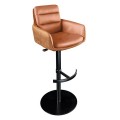 Moderní otočná hnědá kožená barová židle Dover se sametovým potahem s opěrkami na ruce s výškově nastavitelnou černou kovovou nohou s opěrkou na nohy ve tvaru kotvy s kulatým podstavcem