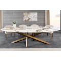 Luxusní glamour keramický bílý oválný jídelní stůl Imperial s mramorovým vzorem s bronzovými překříženými nožičkami 280 cm