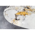 Luxusní glamour keramický bílý oválný jídelní stůl Imperial s mramorovým vzorem s bronzovými překříženými nožičkami 280 cm