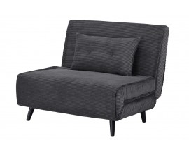 Designové moderní skandinávské rozkládací křeslo Kurt s dřevěnými nožičkami černé barvy a s potahem z manšestru v tmavě šedé barvě s polštářem