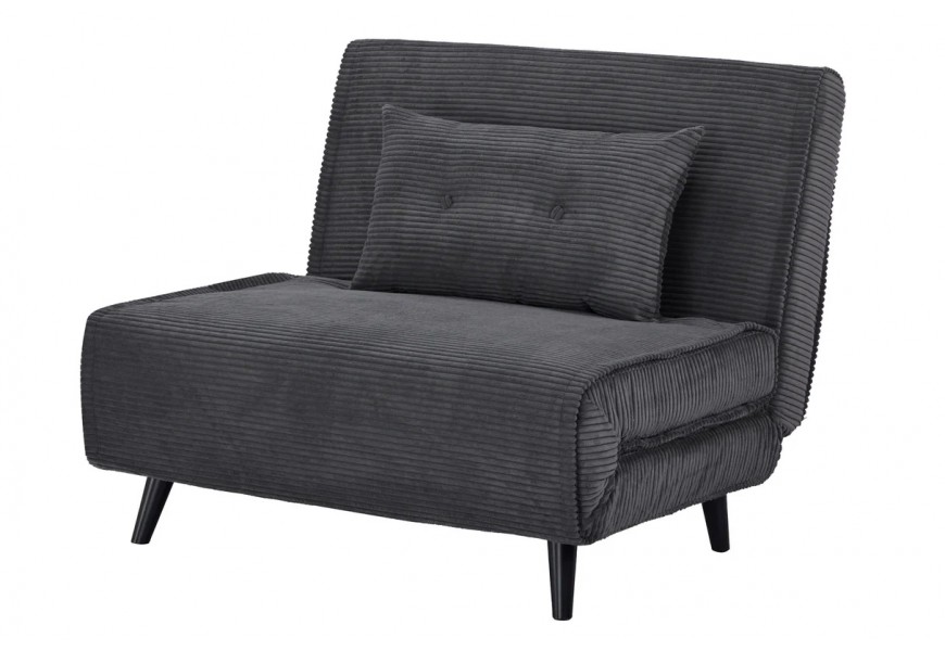 Designové moderní skandinávské rozkládací křeslo Kurt s dřevěnými nožičkami černé barvy a s potahem z manšestru v tmavě šedé barvě s polštářem