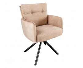 Stylová otočná jídelní židle Dover s retro designem v béžové barvě s čalouněním z textilu a bočními opěrkami ze sametu s černými kovovými nožičkami vycházejícími ze středu a polštářovým opěradlem s knoflíky a zipem zezadu