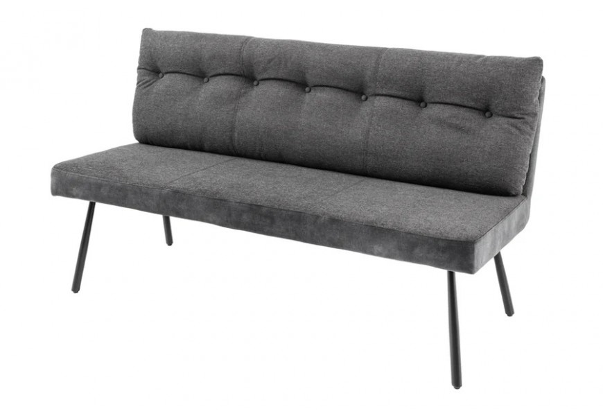 Industriální šedá třímístná sedačka s černými kovovými nožičkami obdélníkovým opěradlem s prošívaným polštářem s knoflíky a sametovým sedadlem