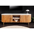 Art deco oválný TV stolek Celestia z mangového dřeva s bílou mramorovou deskou zlatými úchyty a kovovými nožičkami 140 cm