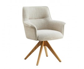 Designová moderní otočná jídelní židle Corvin s béžovým žinylkovým potahem a hnědými dubovými nohama 68 cm
