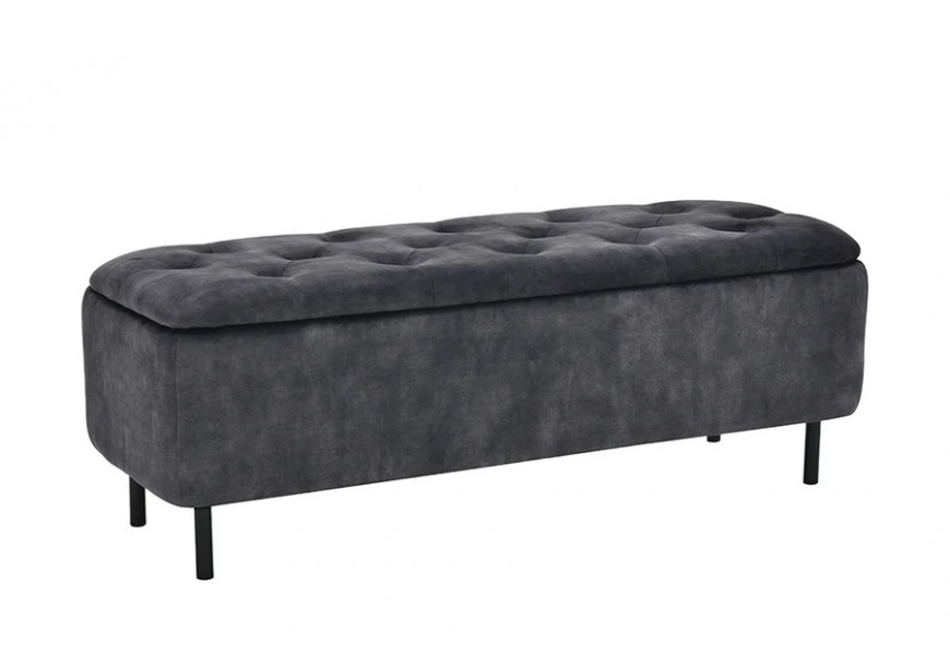 Moderní designová šedá sametová lavice Eliana s obdélníkovým vyklápěcím sedadlem s prošíváním s kulatými knoflíky v chesterfield stylu s úložným prostorem na čtyřech tenkých kovových nožičkách v černé barvě