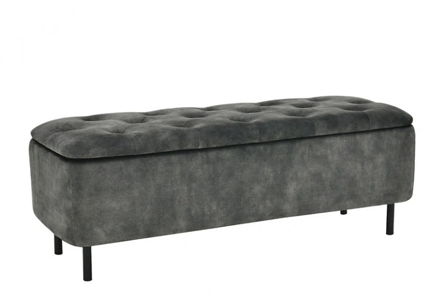 Designová čalouněná lavice Eliana s obdélníkovým otevíracím sedadlem s prošíváním s kulatými knoflíky v chesterfield stylu s potahem ze sametu v šedozelené barvě s úložným prostorem na černých kovových nožičkách