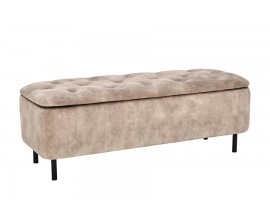 Designová béžová lavice Eliana v odstínu šampaňského se sedadlem s prošíváním s kulatými knoflíky v chesterfield stylu s pěnovým čalouněním a sametovým potahem s úložným prostorem a čtyřmi černými kovovými nožičkami