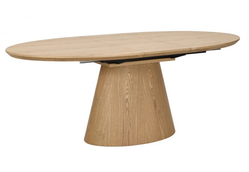 Designový skandinávský jídelní stůl Eklund s rozkládací oválnou vrchní deskou s dýhovaného dubového dřeva v naturálním světlém hnědém odstínu s přiznanou kresbou letokruhů s jednou kuželovitou nohou
