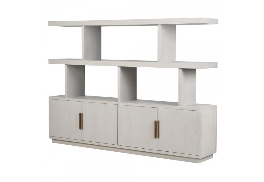 Art deco moderní šedá knihovna Quadria Blanca z dubového dubového dřeva se čtyřmi dvířky a dvěma policemi 220 cm
