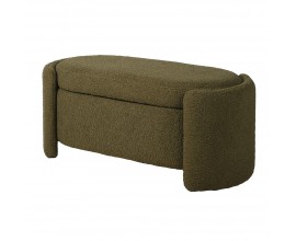 Luxusní art deco stylová oválná bouclé olivově zelená lavice Kamila s úložným prostorem 112 cm
