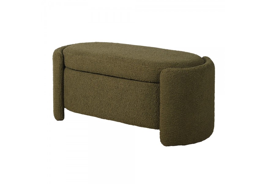 Luxusní art deco stylová oválná bouclé olivově zelená lavice Kamila s úložným prostorem 112 cm