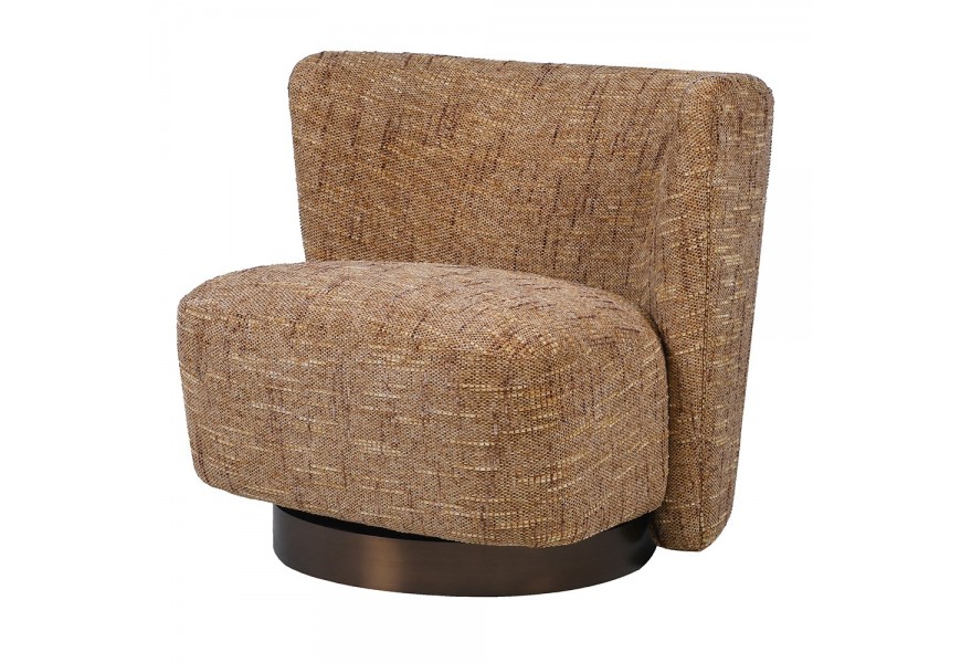 Luxusní moderní čalouněné hnědé křeslo Doria s kulatou kovovou podstavou bez bočních opěrek se zaobleným opěradlem moderní design