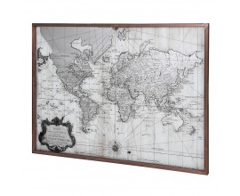Vintage obdélníkový obraz World Map s mapou světa v šedobílém provedení s hnědým dřevěným rámem a ochranným sklem