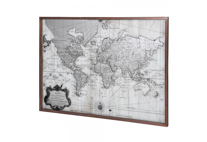 Vintage obdélníkový obraz World Map s mapou světa v šedobílém provedení s hnědým dřevěným rámem a ochranným sklem